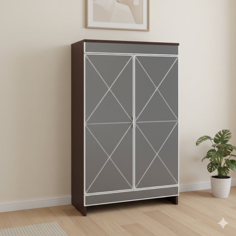 Élégante armoire de rangement décorative avec miroir pleine longueur et bordure argentée, unité de rangement à chaussures à double porte pour les entrées, fabrication en verre avec cadre brun