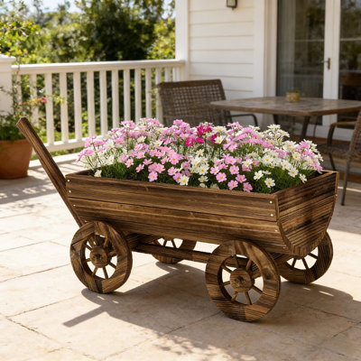 Mobile Wheelbarrow - Shaped Garden Planter, Wood, Big Planter Space For Annuals, Drainage, Handle, Movement Vintage Style Wooden Wagon Finish, Planting Space, Easy Mobility Option
