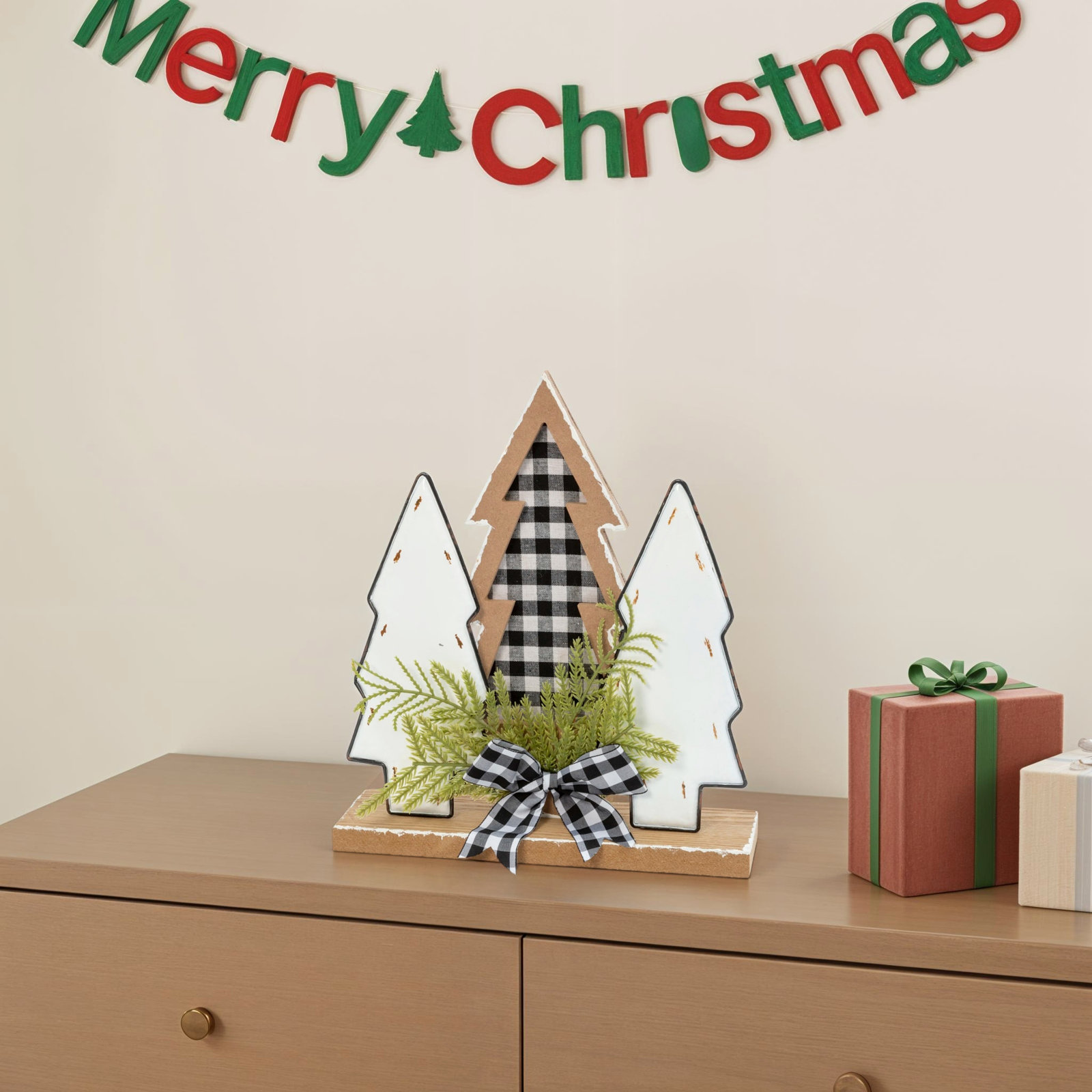 12 In. Wood Holiday Trees With Pine And Bow Accent Holiday Décor