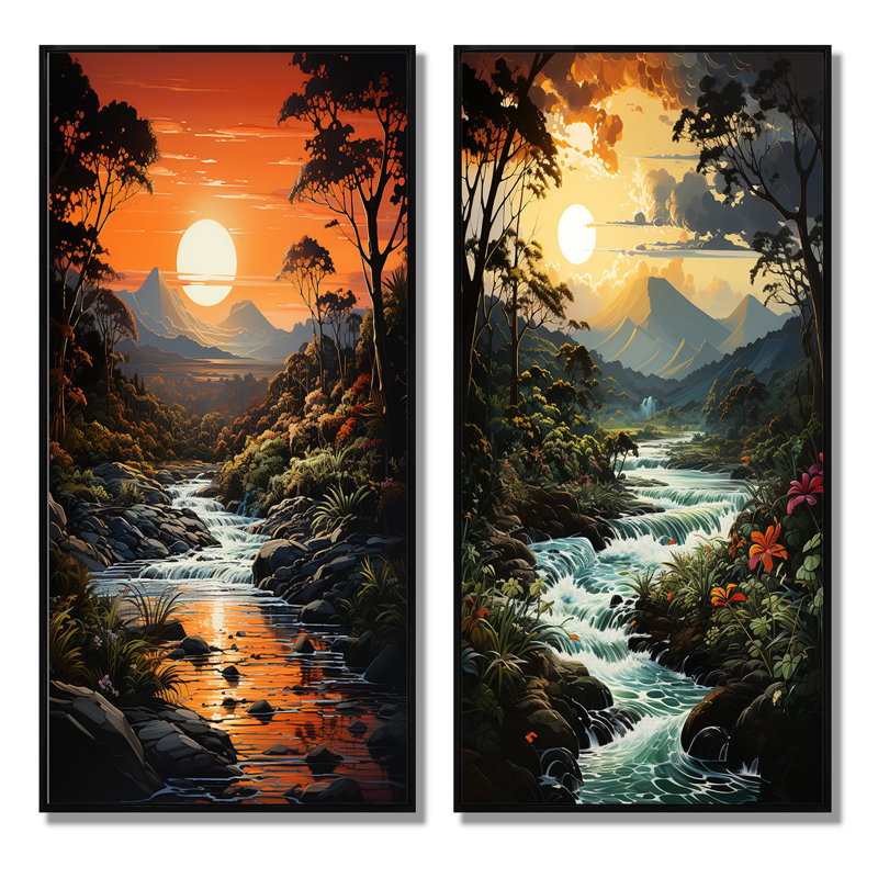 «Rivermountain Sunset Jungle Jubilation», 2 pièces, Cadre noir, H 32 po x l 32 po
