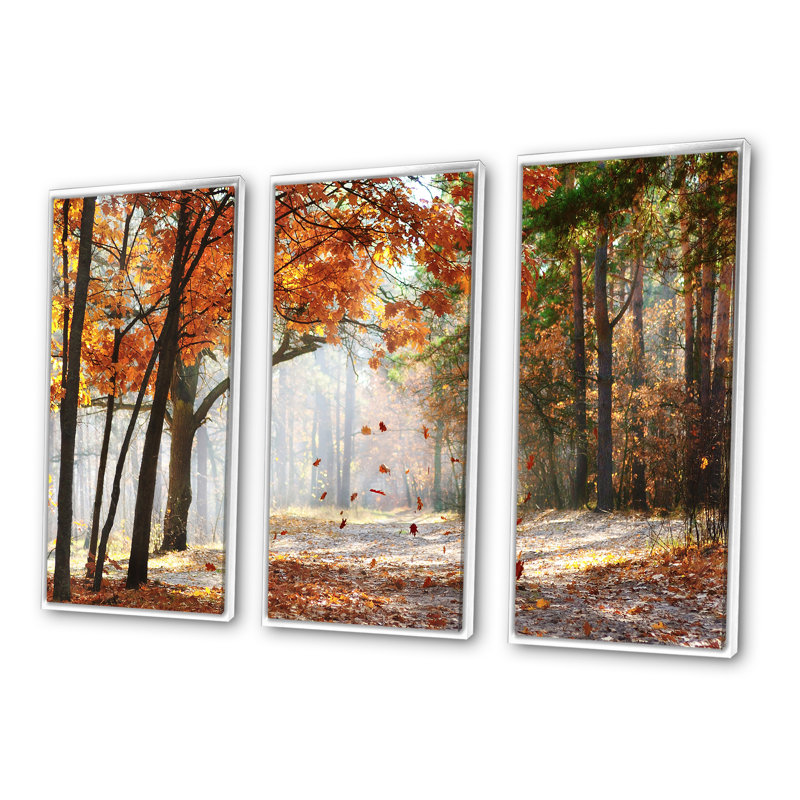 «Red Autumn Trees in the Af après-midi», reproduction sur toile flottante 3 pièces, H 28 po x l 36 po, Cadre blanc