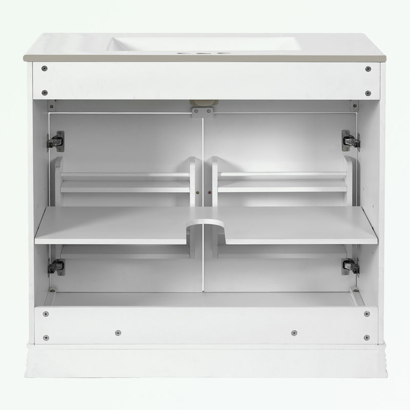 Meuble-lavabo de salle de bain avec 2 grandes portes à fermeture douce, Blanc / Doré