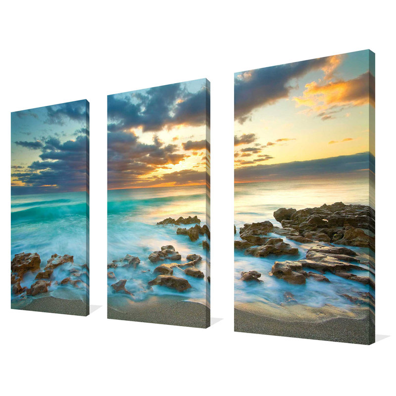 Ocean Sunrise - Ensemble de 3 photographies sur toile tendue, H 24 po x l 36 po x P 0,75 po