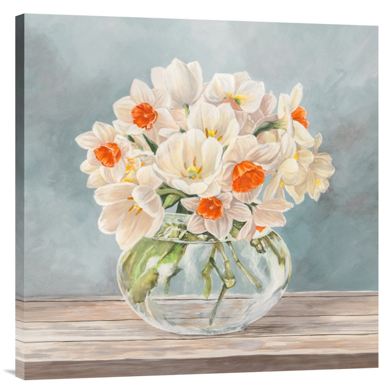 Fleurs et vases aigue-marine II - impression sur toile tendue, H 12 po x l 12 po x P 1,5 po, Sans cadre / toile, Aucun mat