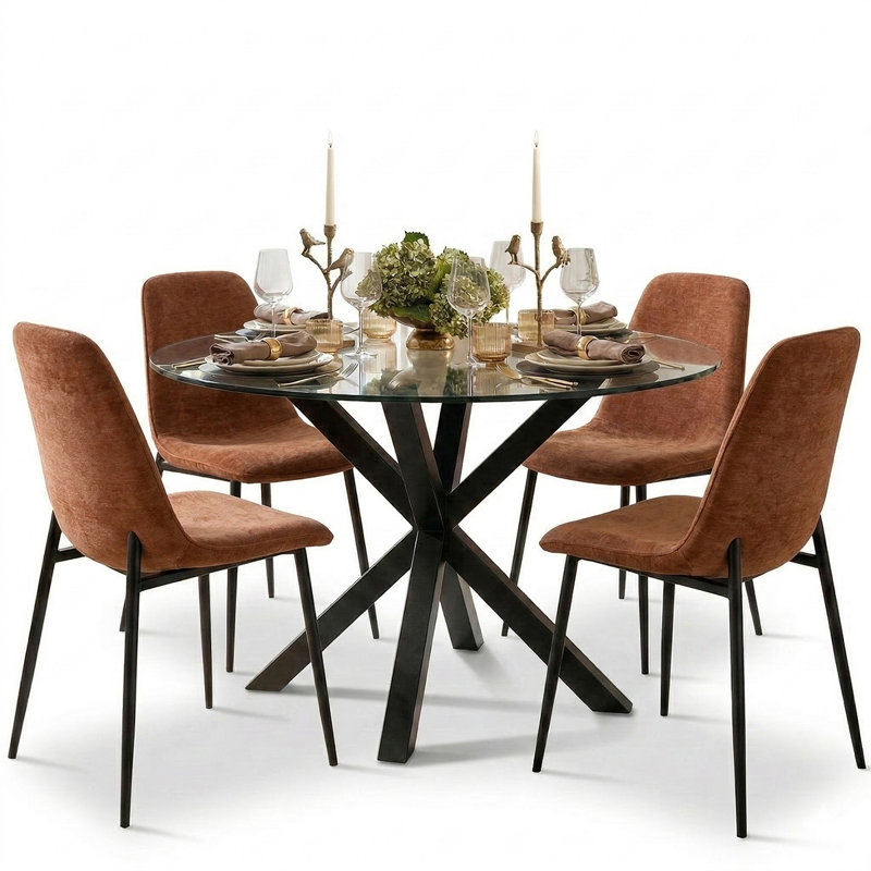 4 - Person Dining Table Sets With Glass Round Table & 4 Upholstered Chenille Chairs, Terra