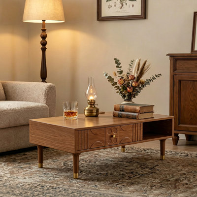 Modern Coffee Table With Storage, 47.2" Mid Century Retro Design With Geometric Carved Drawers For Living Room Home Décor
