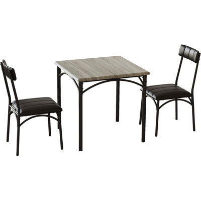 Ensemble de table de salle à manger 3 pièces pour 2 personnes, table de cuisine carrée peu encombrante avec 2 chaises rembourrées, structure en métal et panneau de fibres à densité moyenne à grain de bois, capacité de 150 livres, pour petit studio d'appartement, gris ciment
