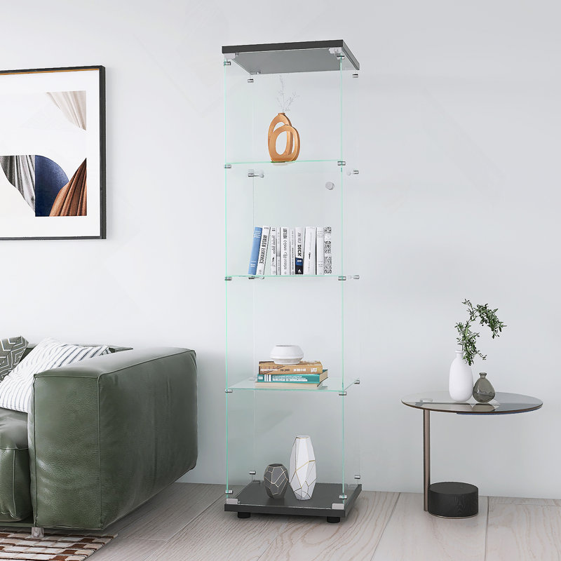 Vitrine en verre 4 tablettes avec porte, bibliothèque Curio, Noir / Transparent