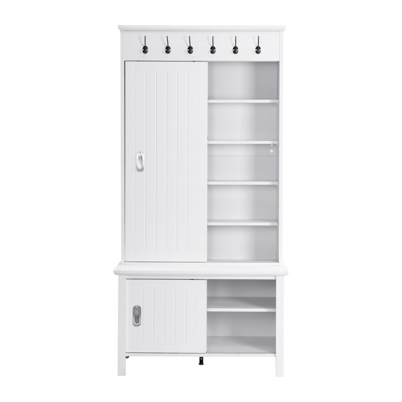 Arbre d'entrée multifonctionnel avec portes coulissantes, banc de rangement pour chaussures et tablettes, Blanc