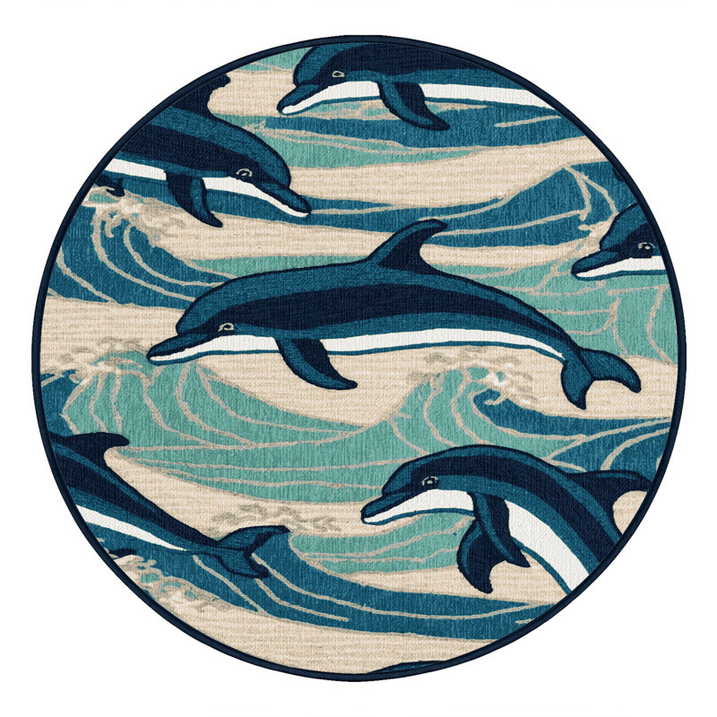Washable Dolphins Nautical Area Rug, Round 6'
