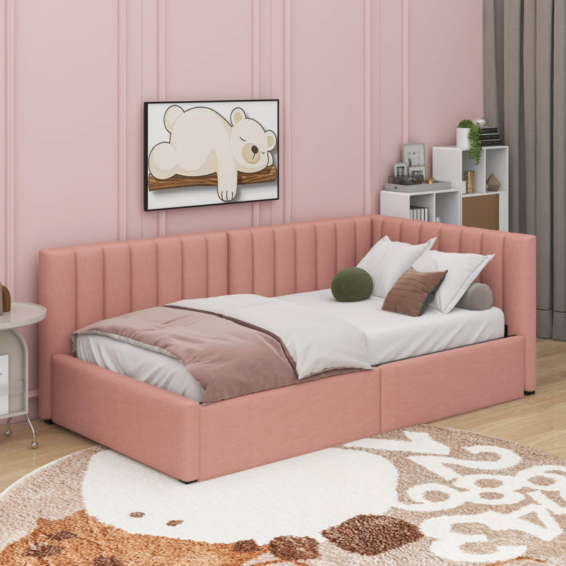 Lit de jour simple tapissier avec 2 tiroirs de rangement, Rose
