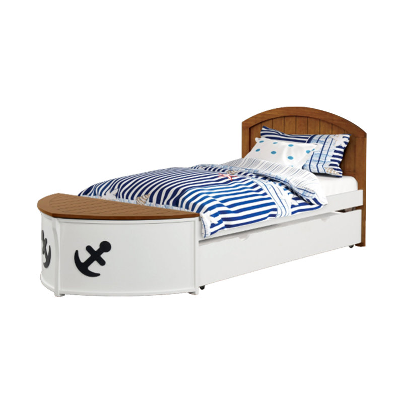 Lit-bateau simple Evon avec lit gigogne, blanc, brun chêne, thème nautique côtier