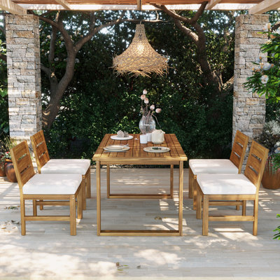 U_STYLE Farmhouse 5 Piece Outdoor Patio Dining Set With Adjustable Legs Acacia Wood Dining Set For 4 Suitable For Backyard Garden Or Deck