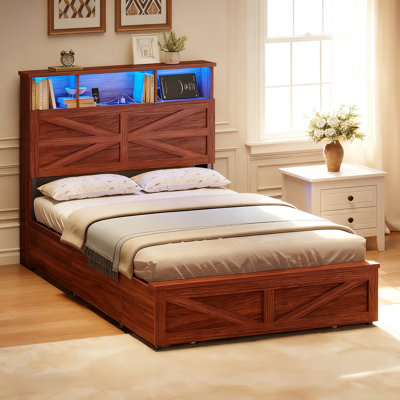 Wood Twin Bed Frame with 5 Drawers and Spacious Storage Headboard Farmhouse LED Metal Platform Bed with Charging Station No Boxing Need