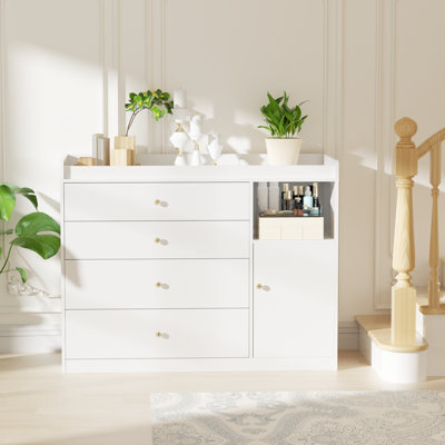 Commode 45,3 po pour chambre avec 4 tiroirs de rangement, petite commode, commode pour garde-robe avec plateau en bois, blanc