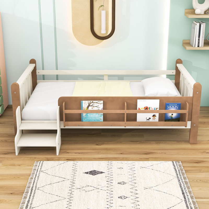 Lit en bois avec bibliothèques de rangement, Beige, Lit simple