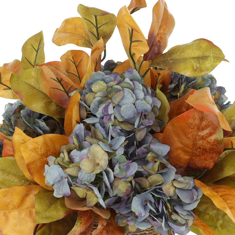 Fall Arrangement with Hydrangeas and Leaves in Rope Pot