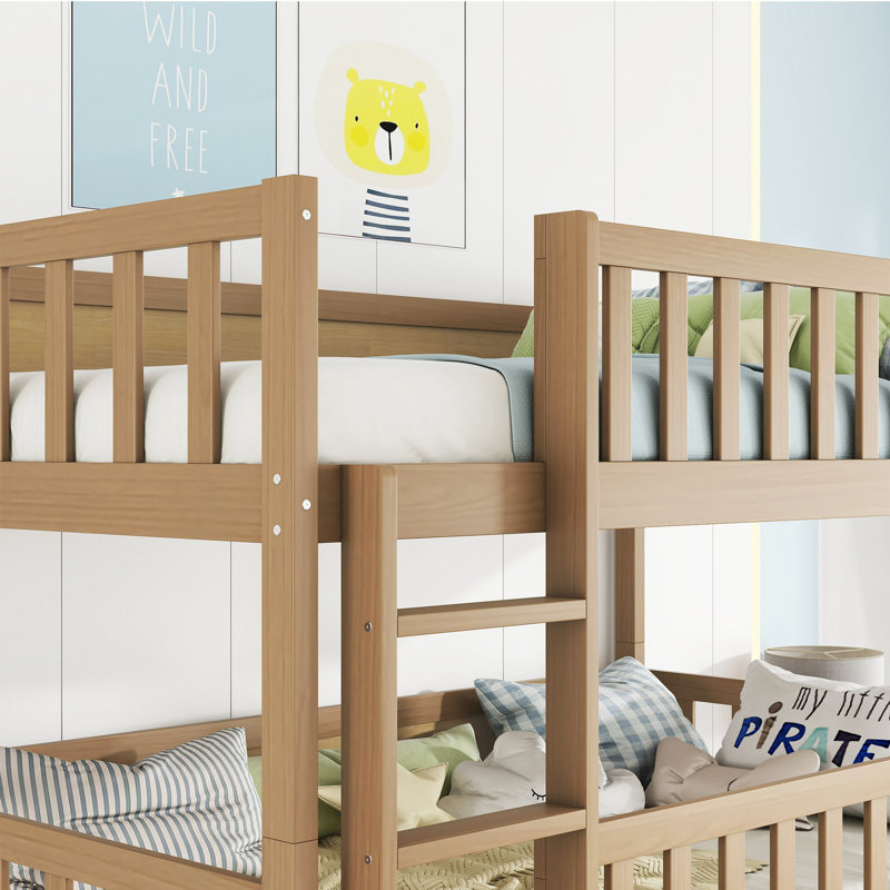 Triple Rubber Wood Bunk Bed,With Ladders, Guardrails Detachable Bunk Bed,Natural