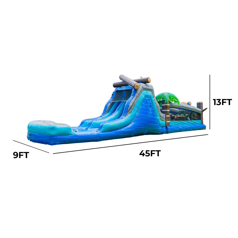 Parcours d'obstacles gonflables tropicaux XJUMP 9 pi x 45 pi x 13 pi avec glissade d'eau à deux voies, vinyle résistant en PVC 15, amusement humide / sec pour les enfants et les adultes, avec de grandes fenêtres en filet pour une surveillance facile