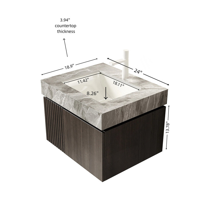 Meuble-lavabo moderne 24 po avec plateau en pierre frittée, lavabo en céramique, Espresso, Light Grey, Single-Hole