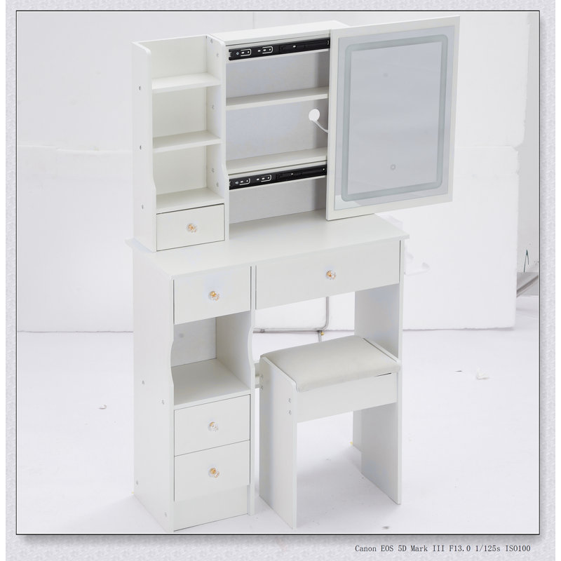 Compact Vanity Table With LED Mirror, Power Station, Hair Dryer Bracket, And Cushioned Stool For Small Bedrooms, White