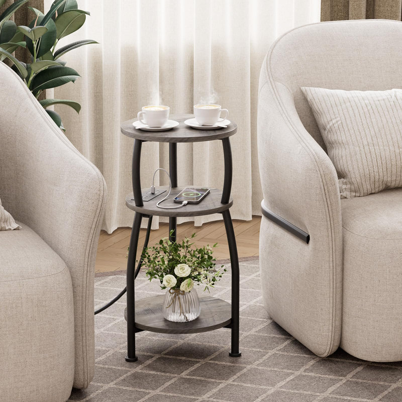 Table d'appoint ronde à 3 niveaux avec station de charge, P 11,8 po x l 11,8 po x H 21,5 po, Gris