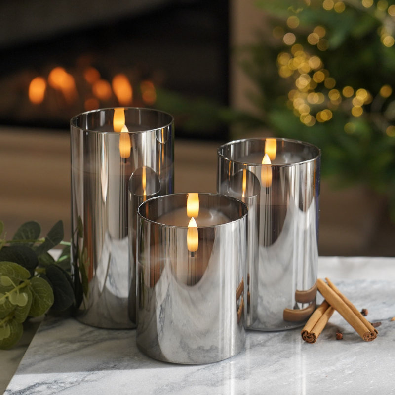 3 Pack Grey Glass LED Light Up Authentic Flame Candles