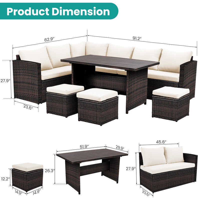 Ensemble de conversation d'extérieur 7 pièces avec table et chaise de salle à manger, avec housse de protection pour canapé