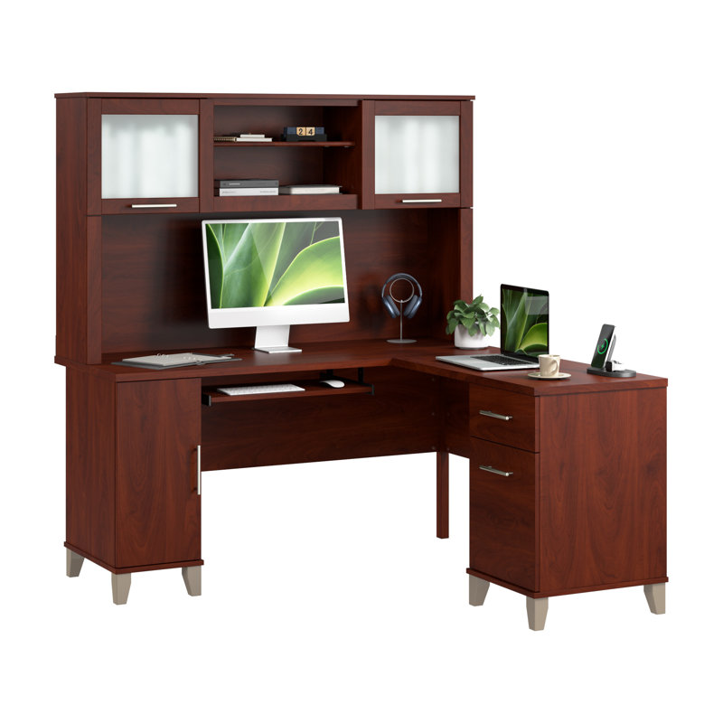 Paelynn 60” L-Shaped Desk with Hutch and Storage, Corner Computer Office Desk, Modern Wood, Hansen Cherry, Hansen Cherry
