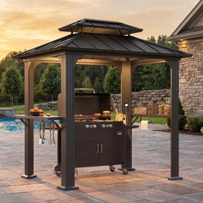 Belmont 6' X 8' Outdoor Double Galvanized Steel Hardtop BBQ Patio Grill Gazebo With Hook Accessory,Charging Socket And Bar Table Counters
