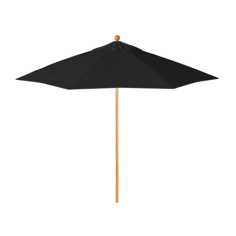 Parasol de patio en bois de teck de 9 pieds avec nervures en fibre de verre et poussoir en Pacifica noir