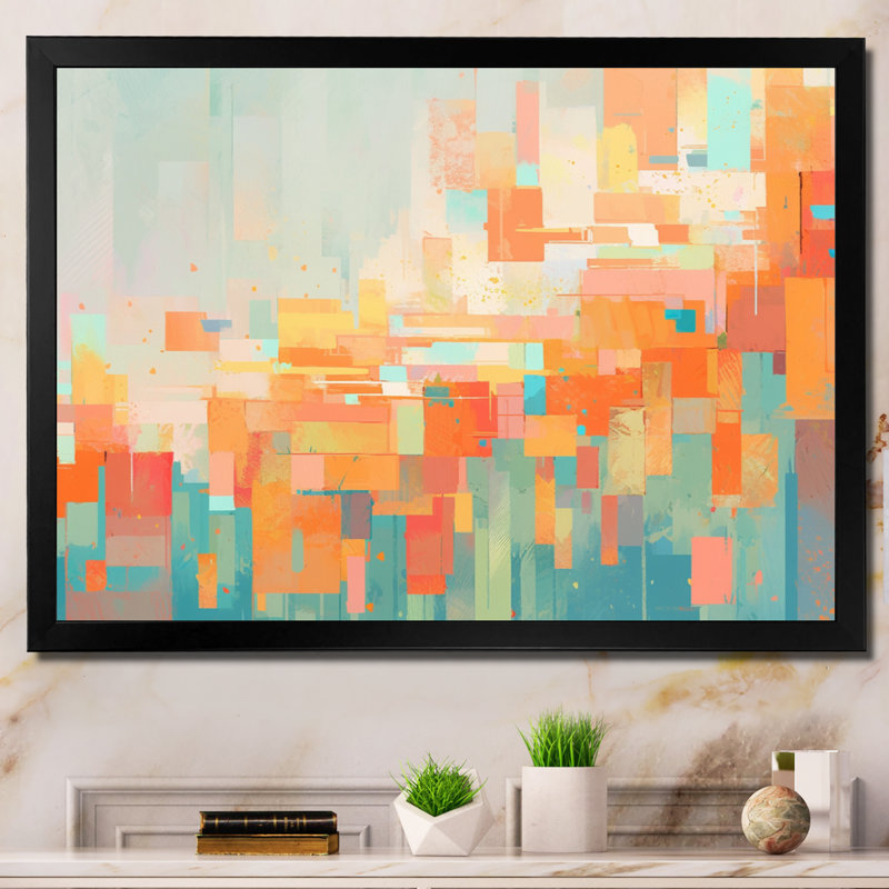 Réalités brisées orange et vertes sur toile, H 24 po x l 32 po x P 1 po, Cadre simple noir