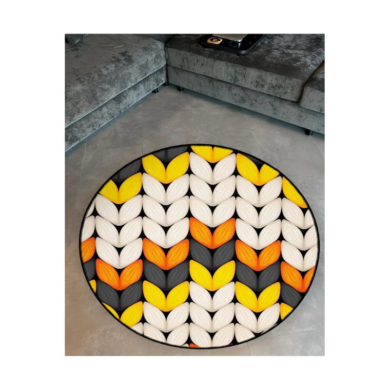 Knitted Look Orange Yellow Detailed Woven Base Modern Decorative Carpet, Round 2'8"