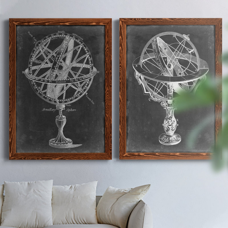 Armillary Sphere on Charcoal I - Ensemble de 2 peintures sur toile encadrées, H 31,5 po x l 47 po x P 1,5 po, Érable