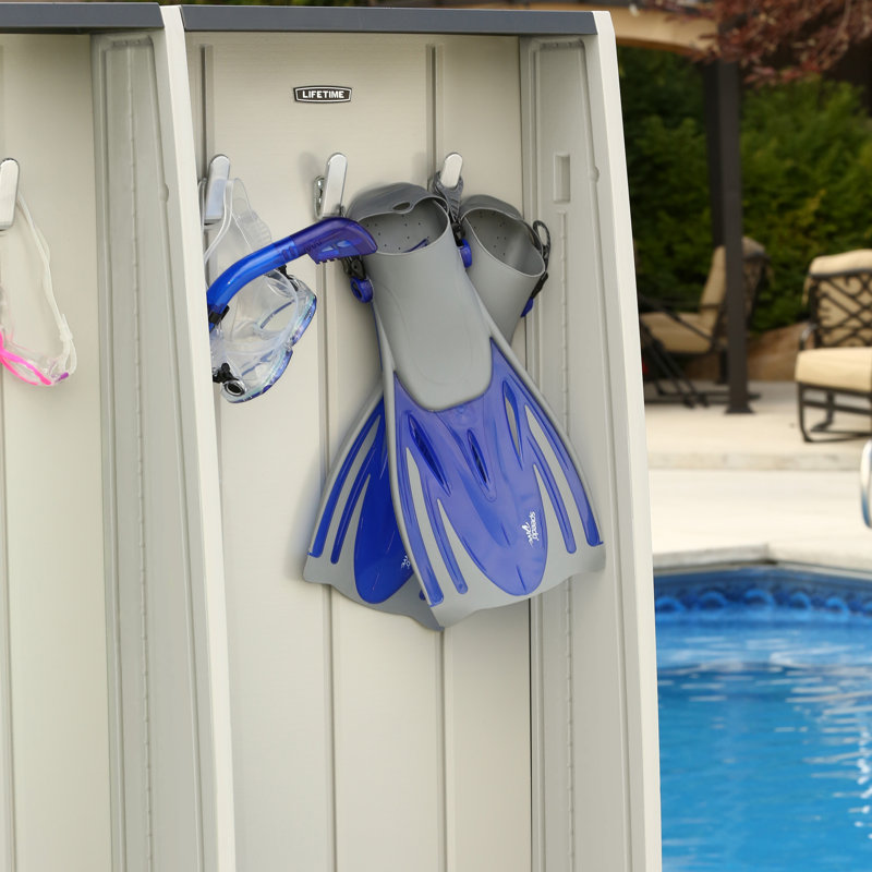 Gray Plastic Double Storage Locker with Bench and Hooks