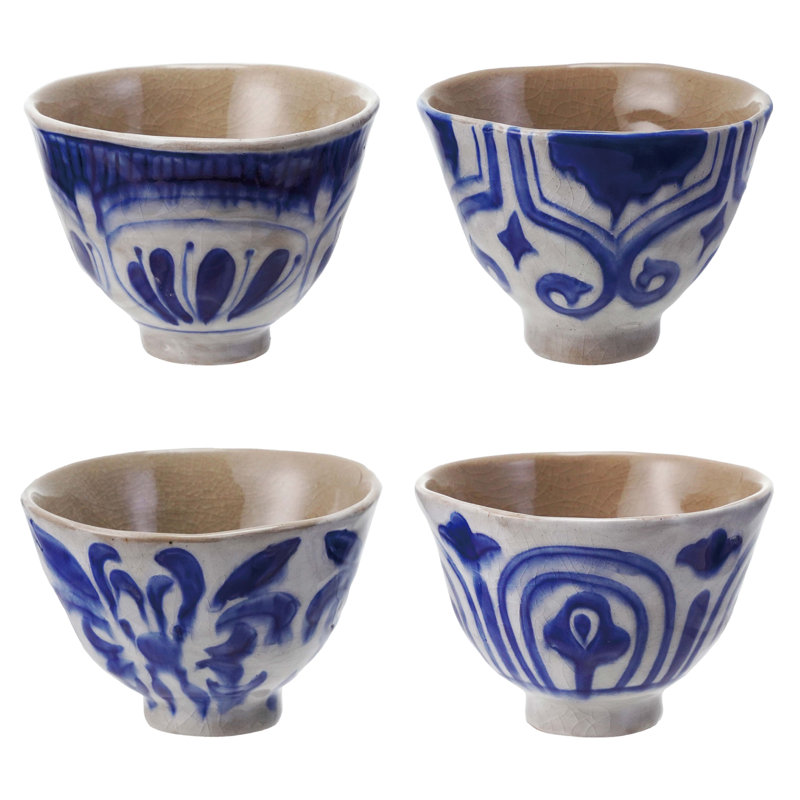 4 pièces bol et tasse à thé en grès peint à la main 10 onces avec glacis craquelé, bleu et blanc