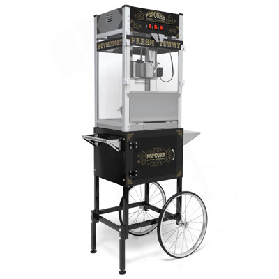 Commercial Popcorn Machine With Cart And 20-Ounce Kettle,Vintage-Style Popper On Wheels With Tempered Glass, Warming Deck, 1440W Popcorn Popper For Parties, Events, And Home Theater (Black)
