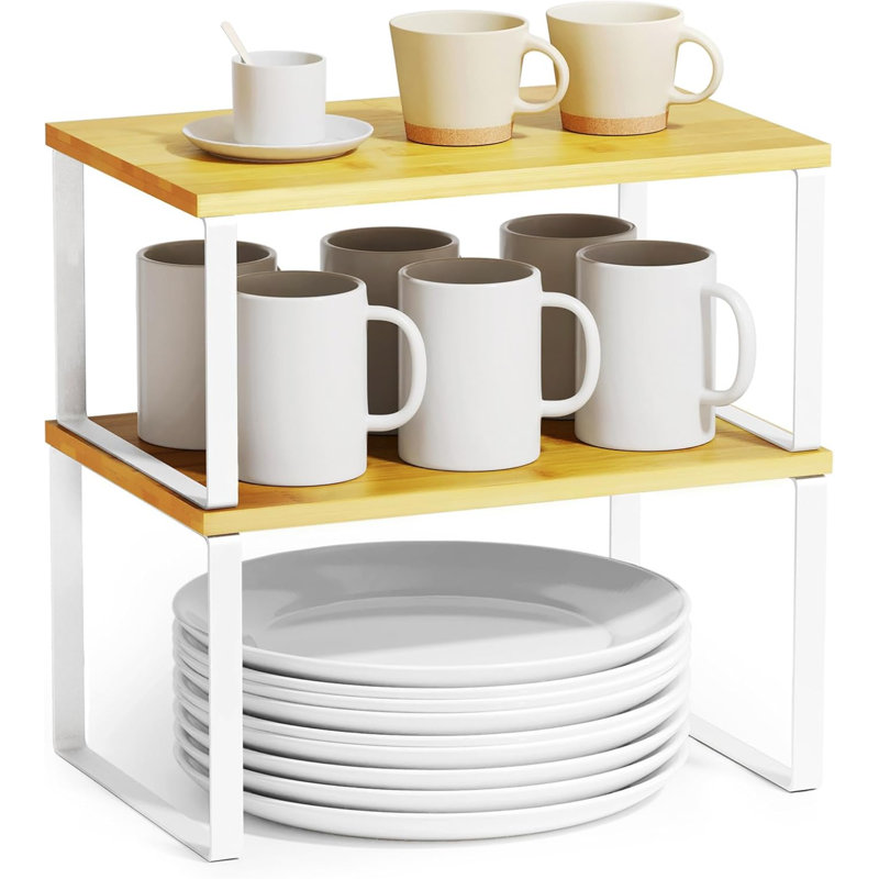 Ensemble de 2 classeurs d'armoires, support pour tablettes de cuisine, étagère à épices extensible empilable, rangement pour garde-manger (blanc et naturel, petit)
