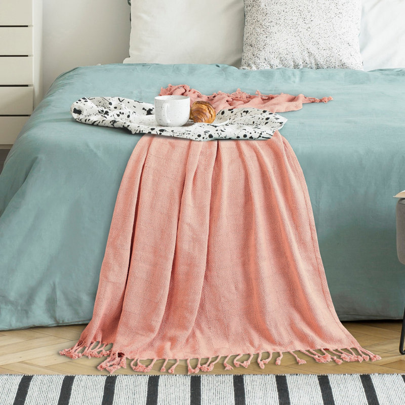 Coral Pink Organic Cotton Throw Blanket with Fringe