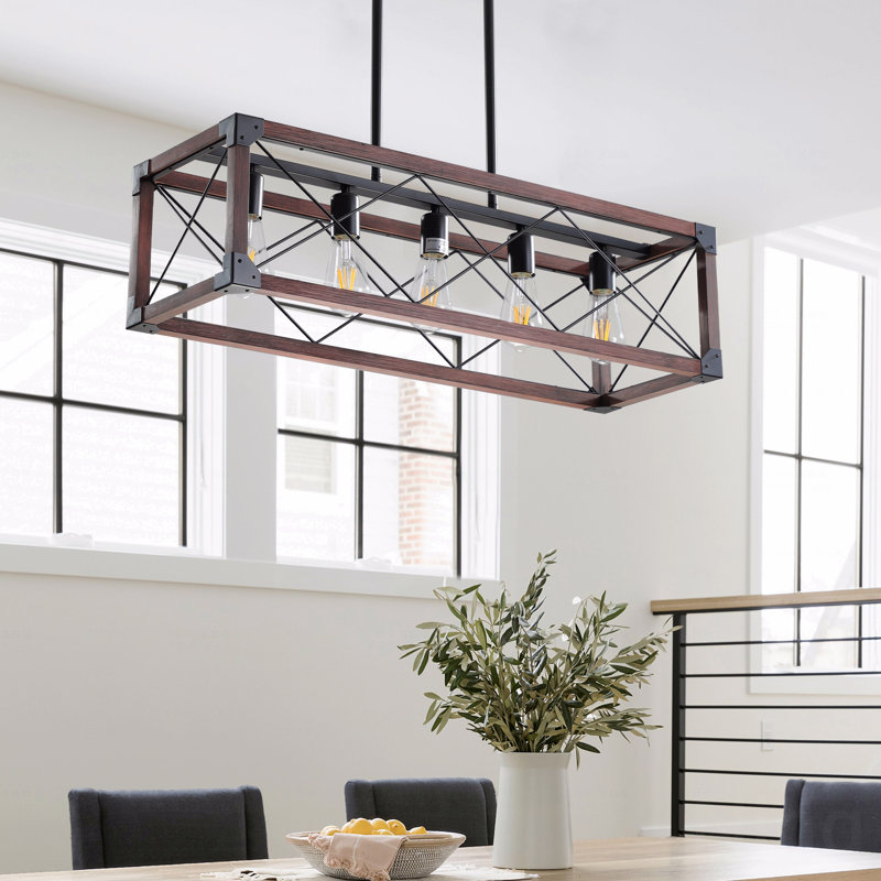 Luminaire suspendu rectangulaire de style industriel en bois rouge 32 po Chandelier - configuration 5 lumières