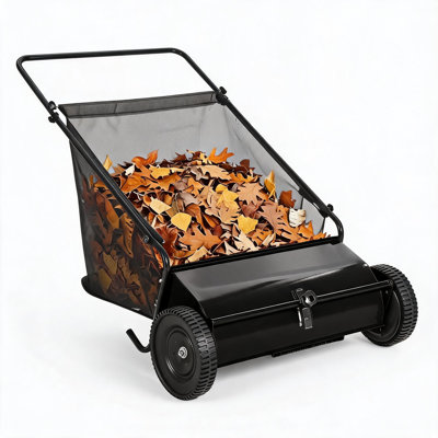 Heavy Duty 26-Inch Push Lawn Sweeper – 7 Cu. Ft. Grass Cutter, 4 High-Speed Spinning Brushes, Durable Steel Frame, Walk-Behind Leaf & Grass Collector for Patios, Driveways & Gardens – Black, Plastic W