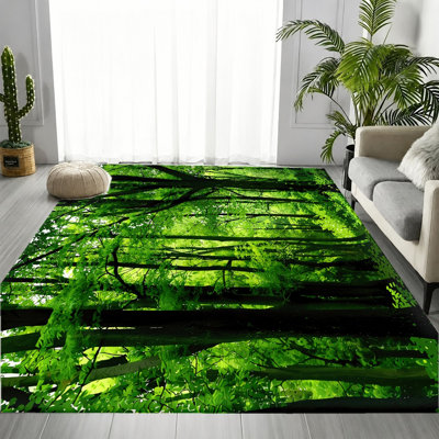 Lush Green Tree Forest Landscape Area Rug, Natural Vivid Woodland Scenic Pattern, Soft Durable, Machine Washable Non-Slip Floor Carpet, Stylish Artistic Indoor Home Decor for Living Room, Bedroom, Entryway, Front Door, Kitchen, Balcony, Apartment