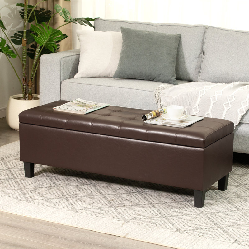 Banc de rangement capitonné en similicuir de 45 po pour le salon, Brun