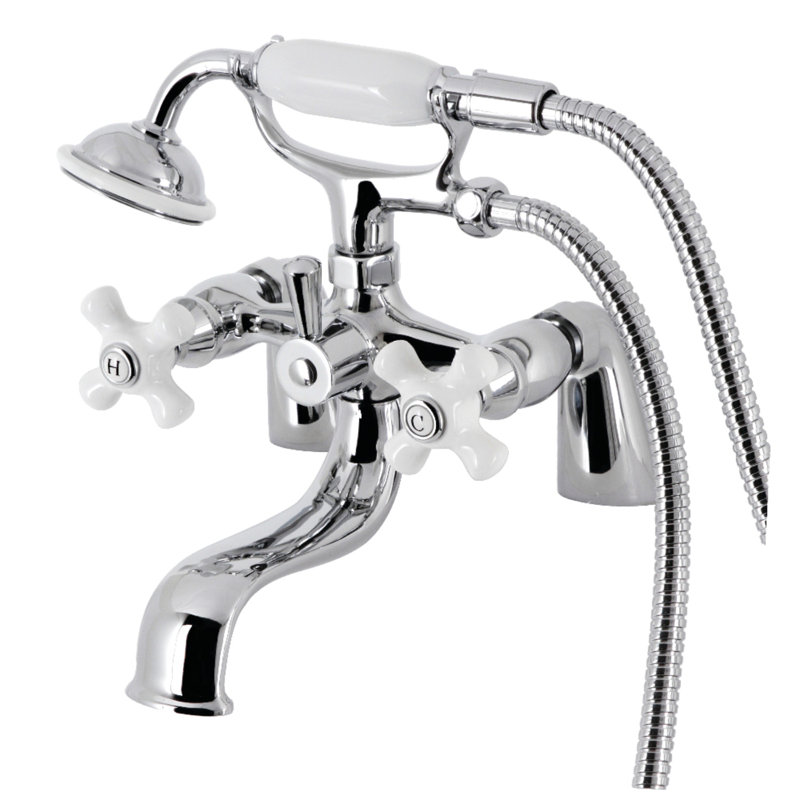 Kingston Brass Kingston Three-Handle 2-Hole Deck Mount Clawfoot Tub Faucet with Hand Shower, Polished Chrome