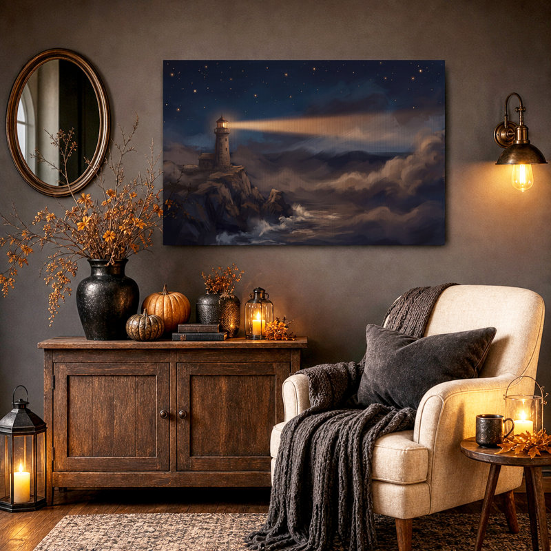 Art mural sur toile, "Phare à poutre sur la côte rocheuse sous les étoiles", 12"H x 18"W