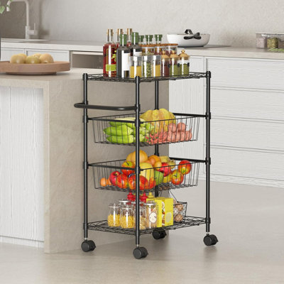 Carmen 4 Tier Rolling Carts, Metal Wire Utility Cart with Wheels & Handle Bar, Kitchen Serving Trolley