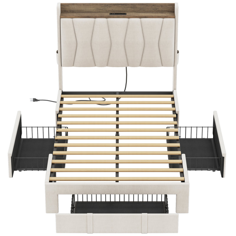 Upholstered Bed Frame with 3 Drawers, Bed with Storage Headboard and Charging Station, Twin, Beige