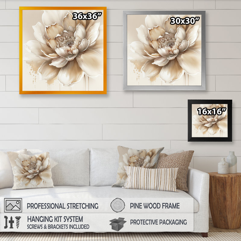 «Blooming Beige Floral Design III», reproduction d'art sur toile botanique, H 30 po x l 30 po, Impression encadrée, Doré