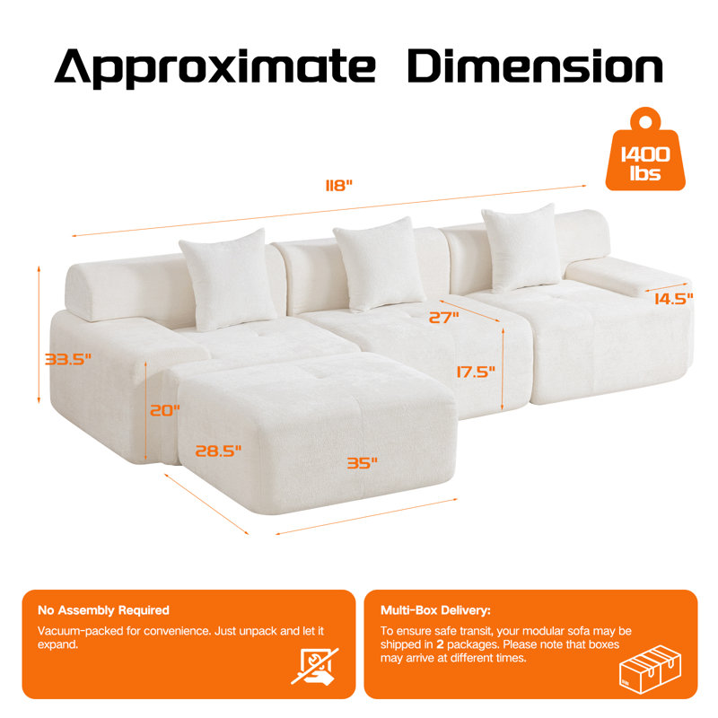 118" Modular L-Shaped Sectional Sofa, Boneless Chenille Cloud Couch with Movable Ottoman, Beige Chenille