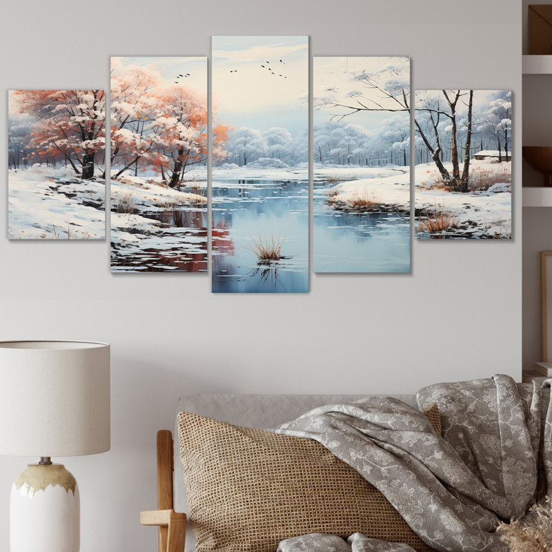 Paysage d'hiver, reflet glacé - Paysages, art mural, salon - 5 panneaux